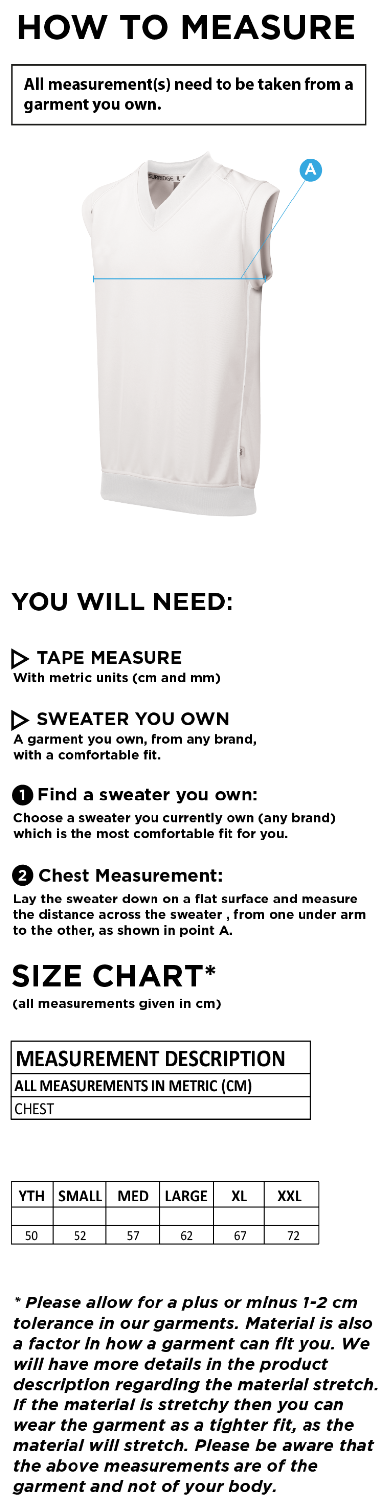Cornwood CC - Sleeveless Sweater - Size Guide