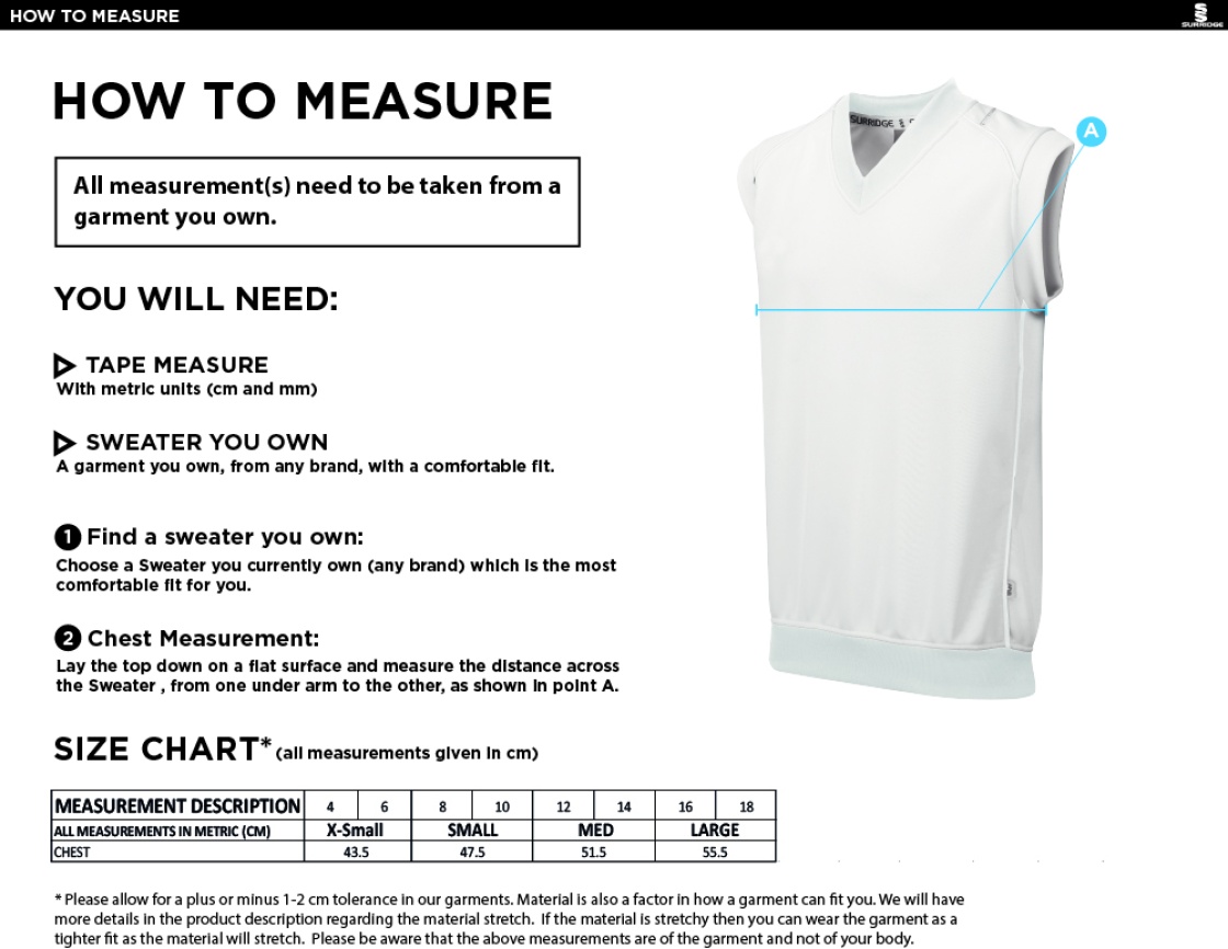 Cornwood CC - Women Blast Sleeveless Cricket Sweater - Size Guide