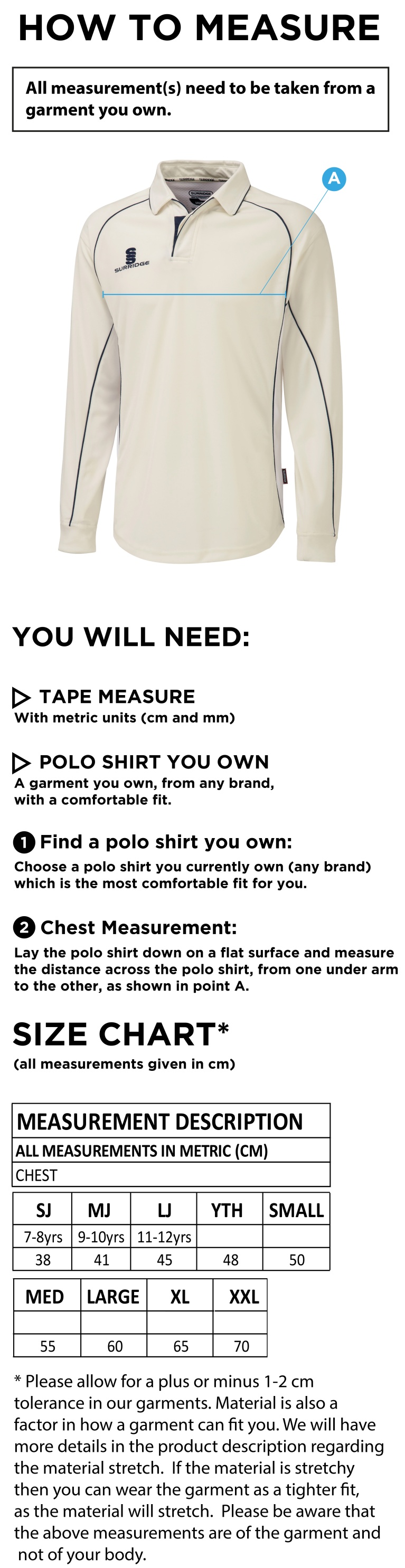 Cornwood CC - Premier Long Sleeve Shirt - Size Guide