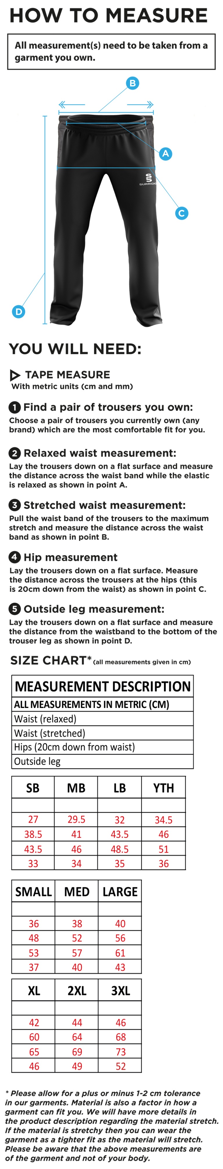 Cornwood CC - Rip Stop Tracksuit Pants - Size Guide