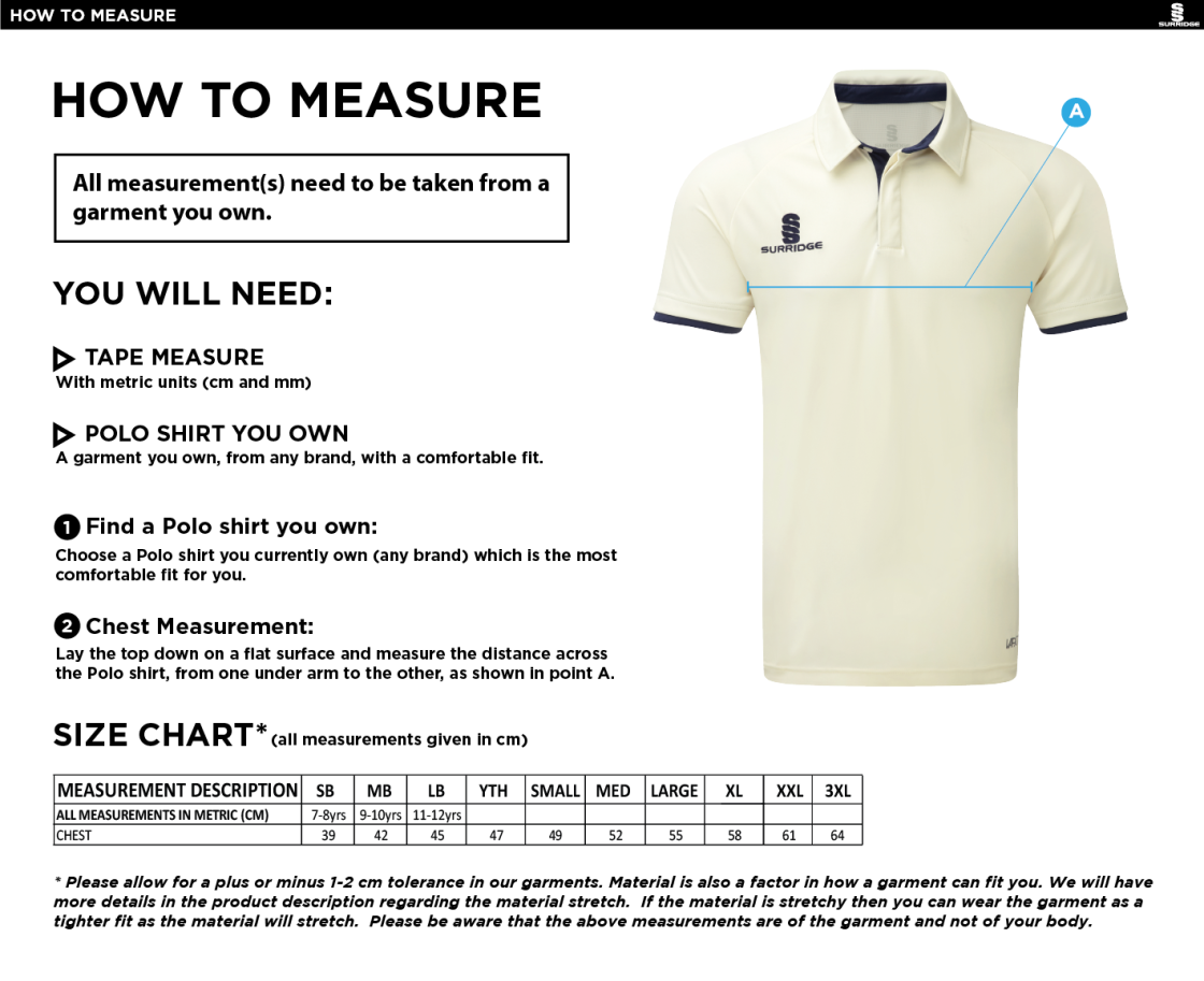 Cornwood CC - Tek S/S Playing Shirt - Size Guide