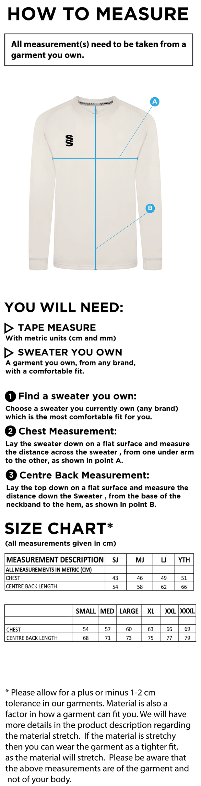 Cornwood CC - Blast Long Sleeve Cricket Sweater - Size Guide