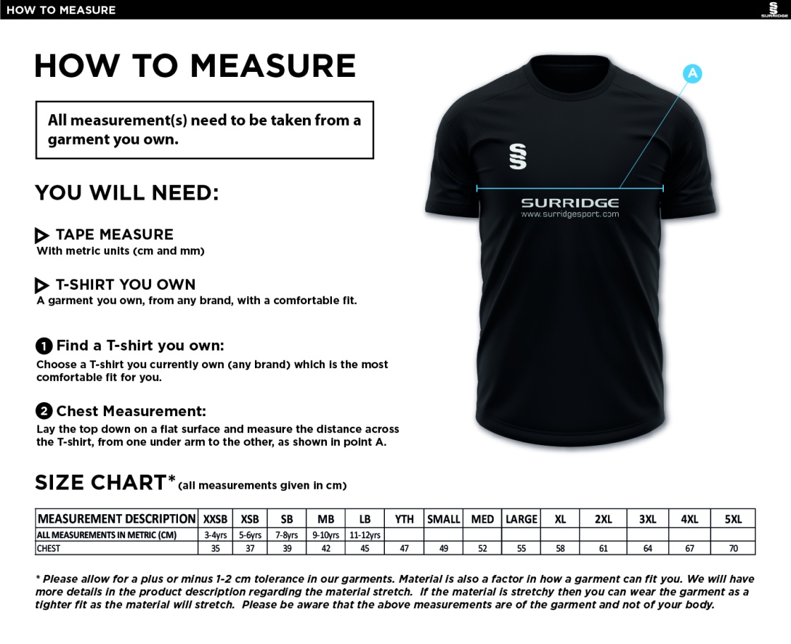 Cornwood CC - Blade Training Shirt - Size Guide