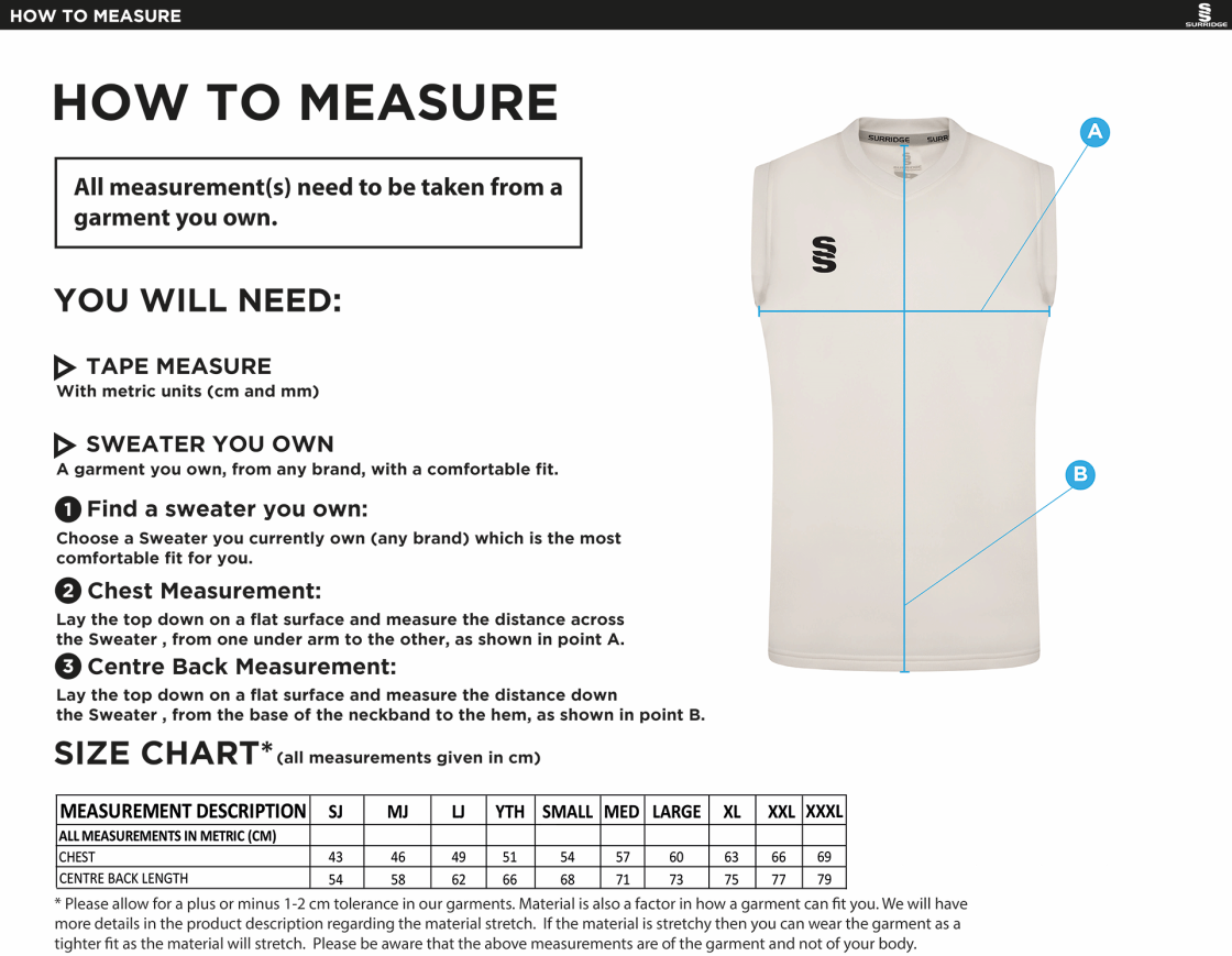 Cornwood CC - Blast Sleeveless Cricket Sweater - Size Guide