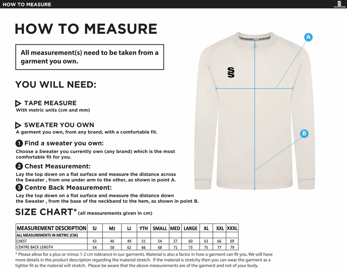 Cornwood CC - Blast Long Sleeve Cricket Sweater - Size Guide