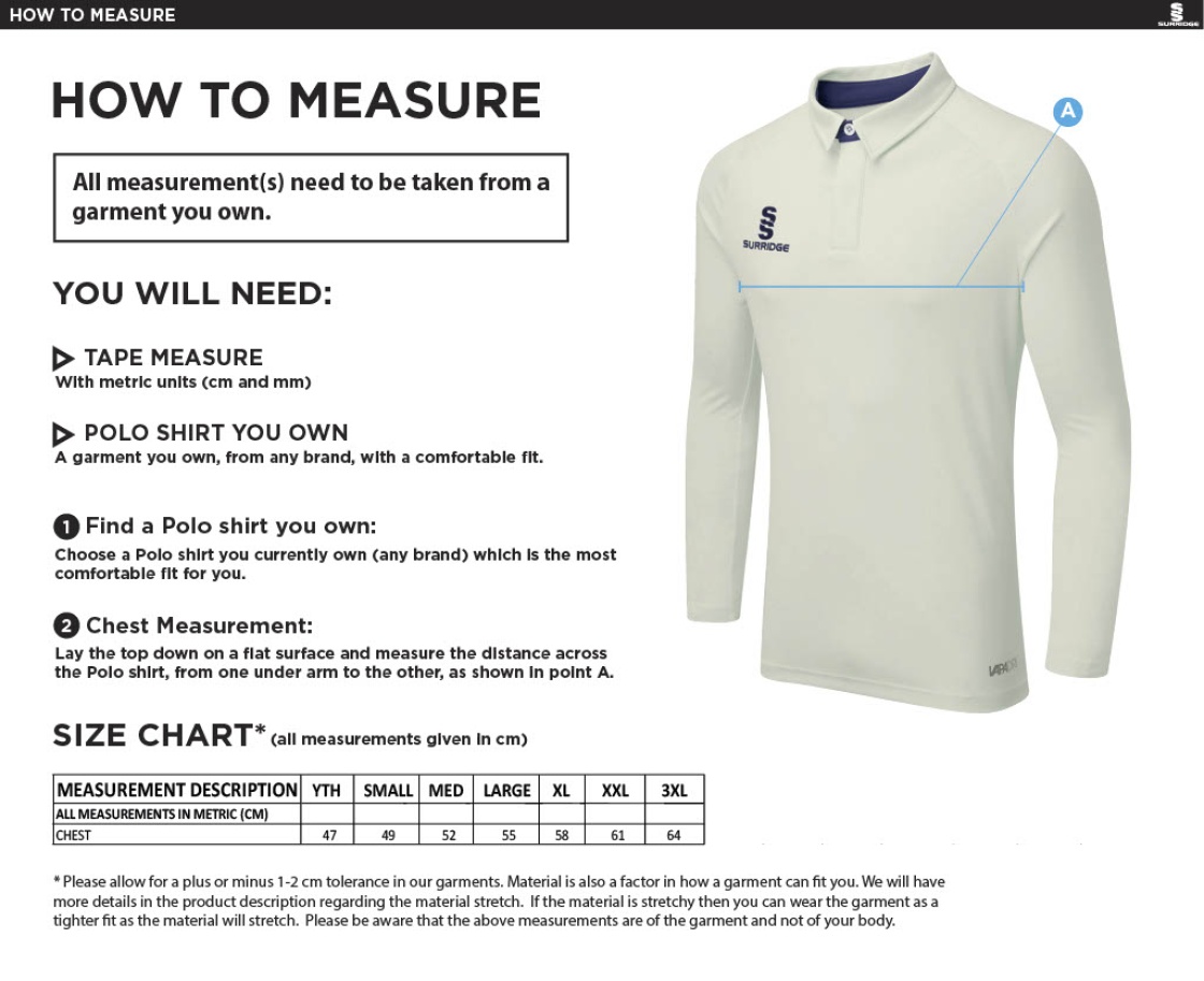 Cornwood CC - Tek L/S Playing Shirt - Size Guide