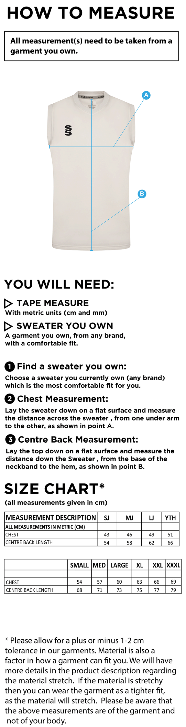 Cornwood CC - Blast Sleeveless Cricket Sweater - Size Guide