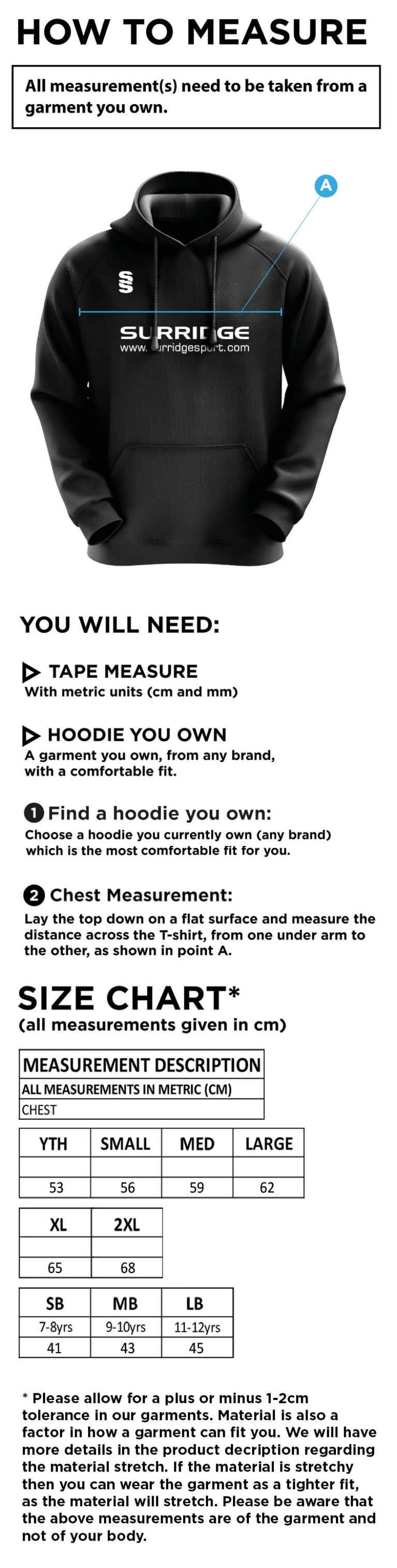 Cornwood CC - Blade Hoody - Size Guide