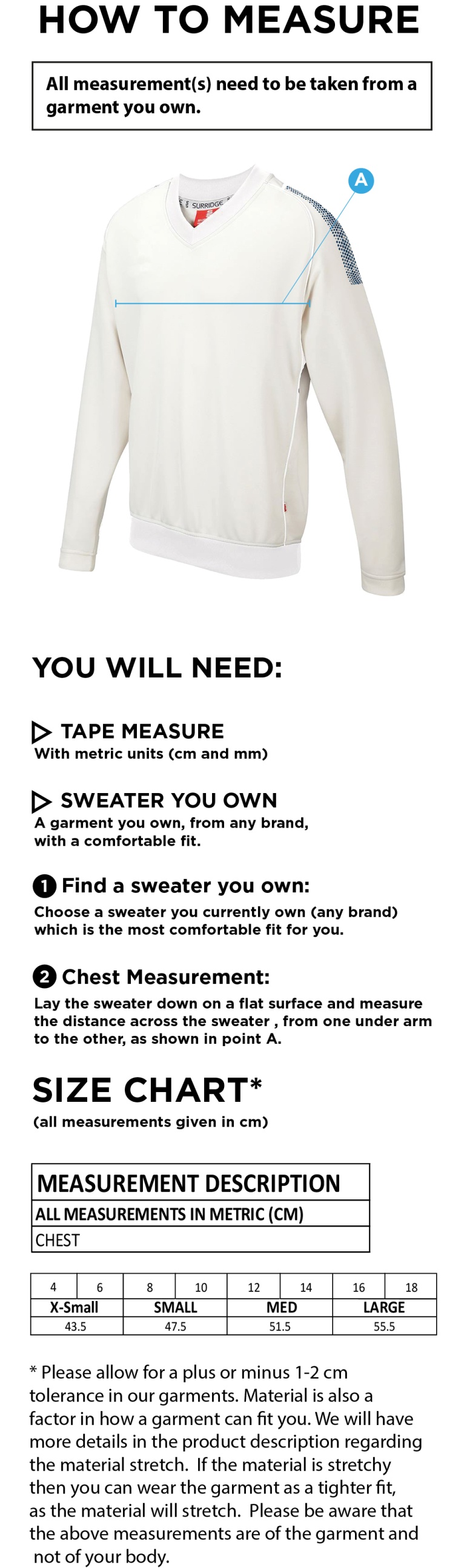 Cornwood CC - Women Blast Long Sleeve Cricket Sweater - Size Guide
