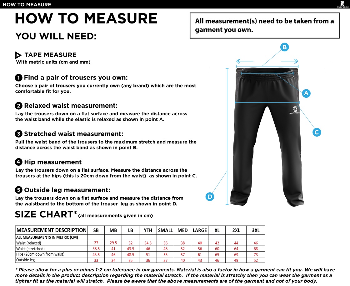 Cornwood CC - Rip Stop Tracksuit Pants - Size Guide
