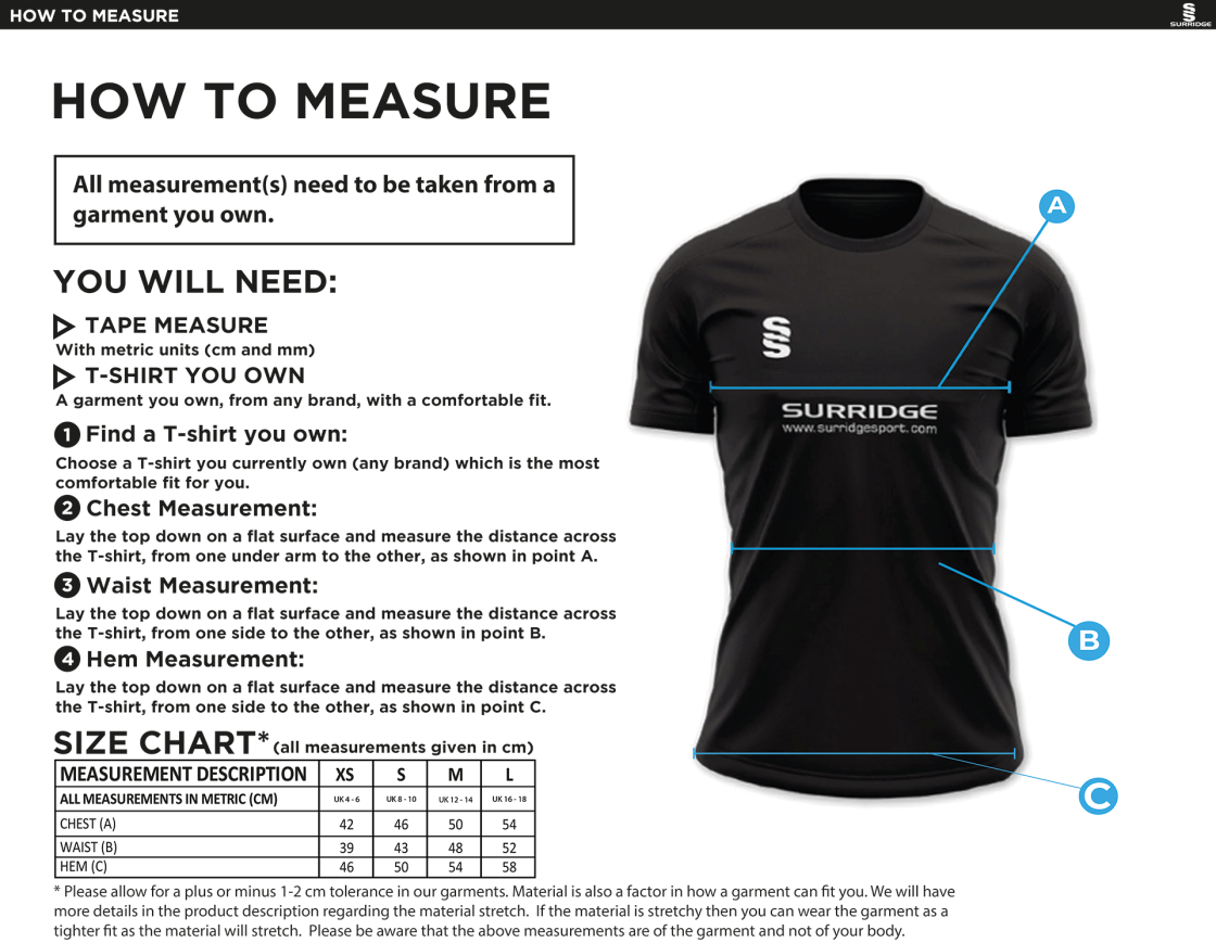 Cornwood CC - Women's Dual T20 Shirt - Size Guide