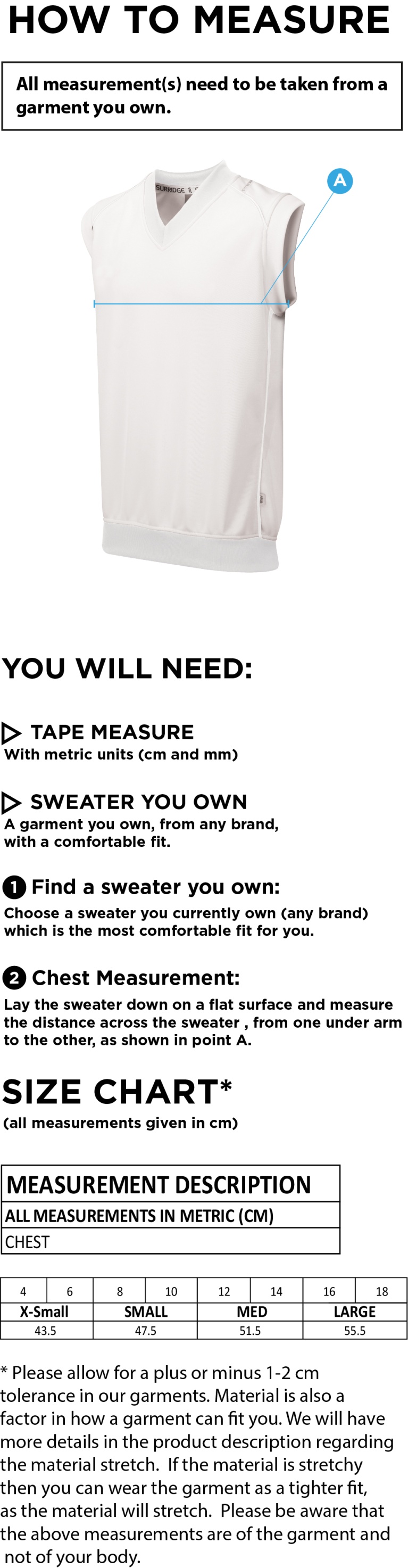 Cornwood CC - Women Blast Sleeveless Cricket Sweater - Size Guide