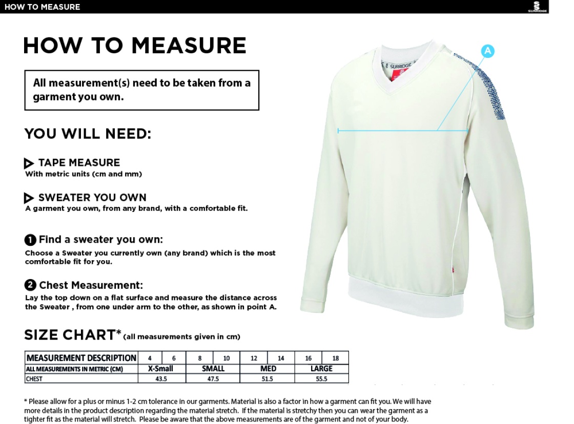 Cornwood CC - Women Blast Long Sleeve Cricket Sweater - Size Guide