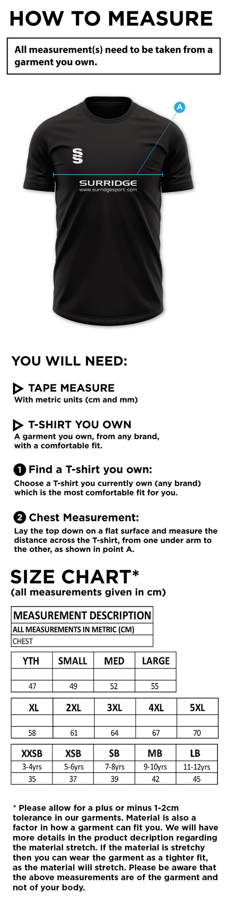 Cornwood CC - Dual Gym shirt - Size Guide