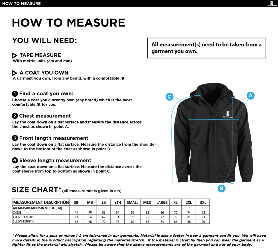 Cornwood CC - Fleece Lined Jacket - Size Guide