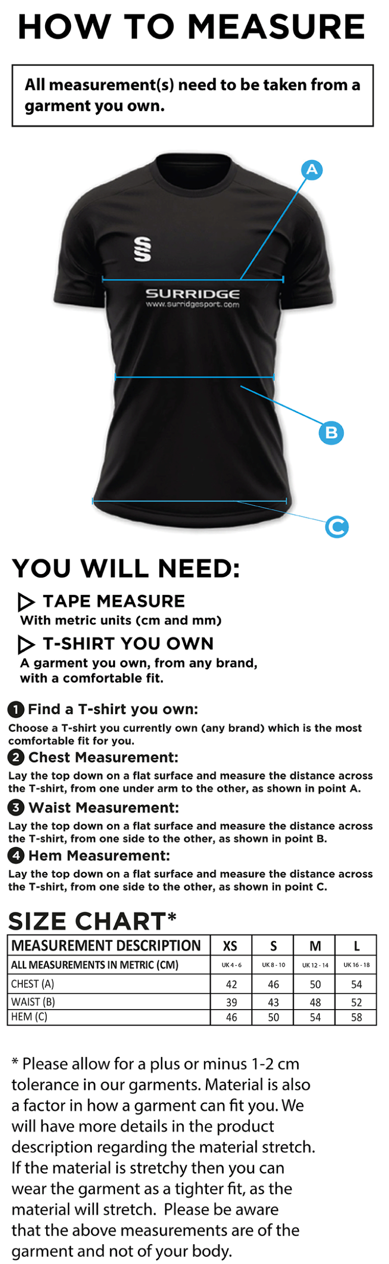 Cornwood CC - Women's Dual T20 Shirt - Size Guide