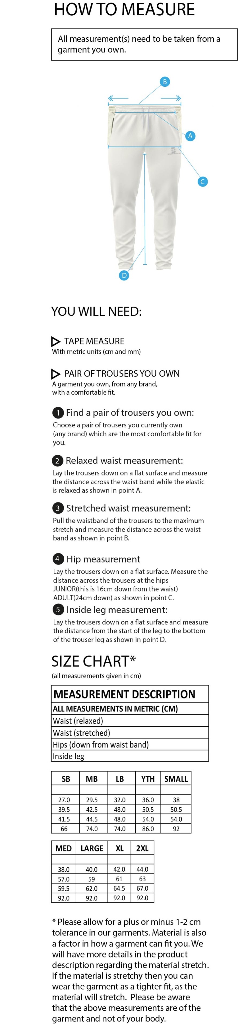 Cornwood CC - Tek Trousers - Size Guide