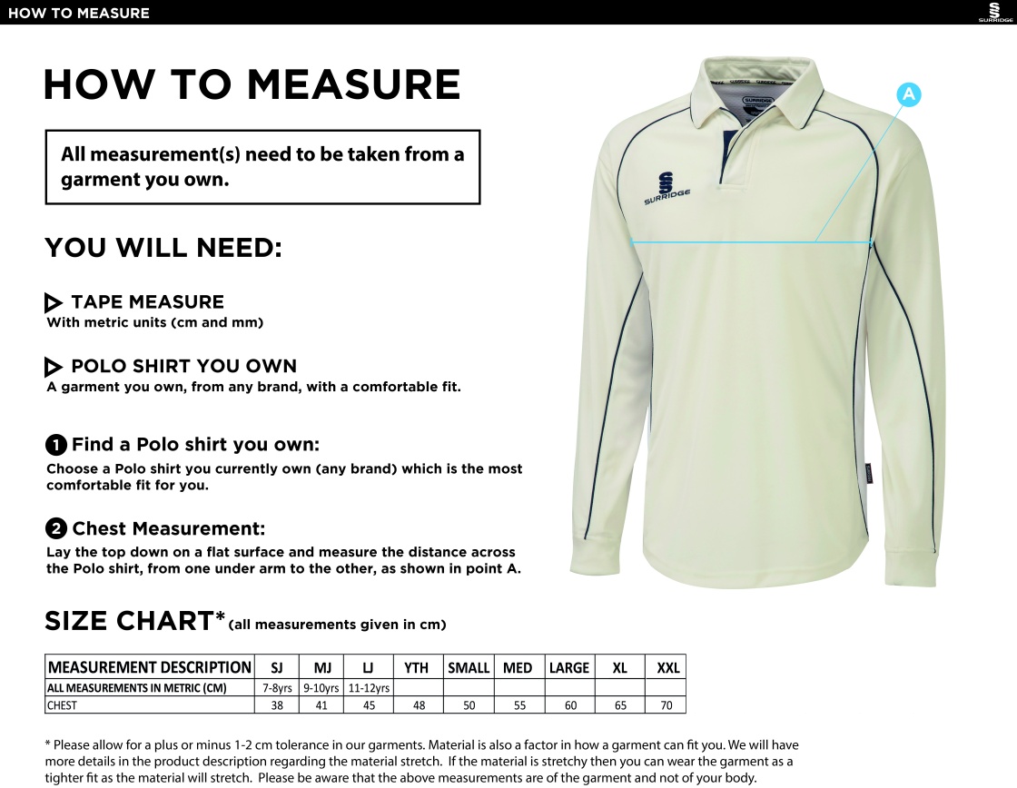 Cornwood CC - Premier Long Sleeve Shirt - Size Guide