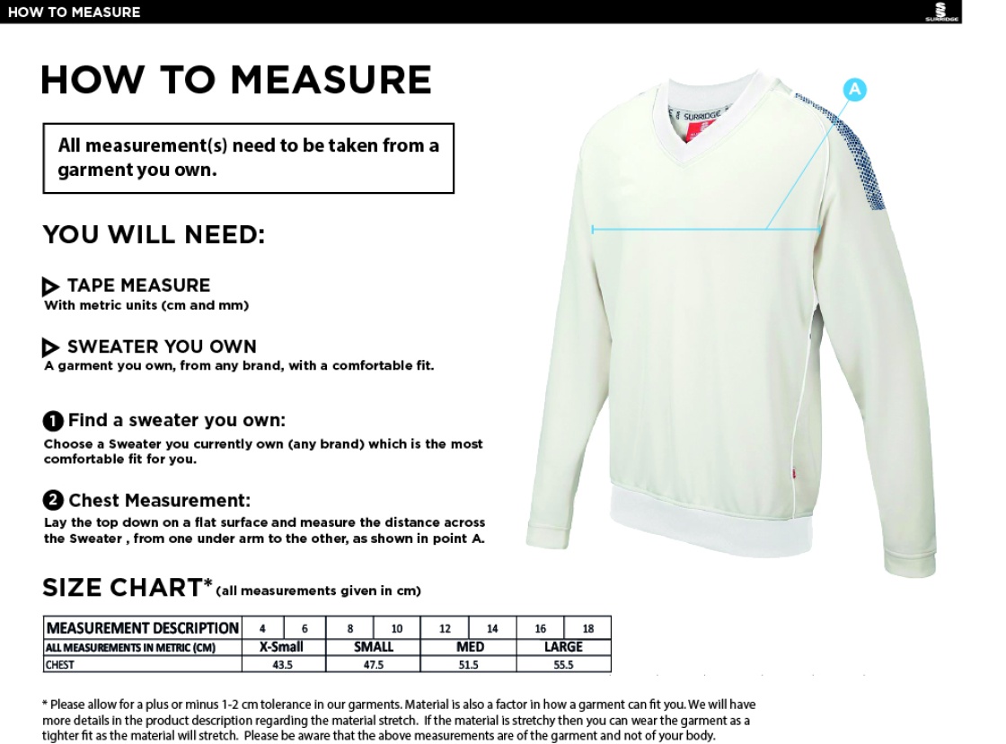 Cornwood CC - Women Blast Long Sleeve Cricket Sweater - Size Guide