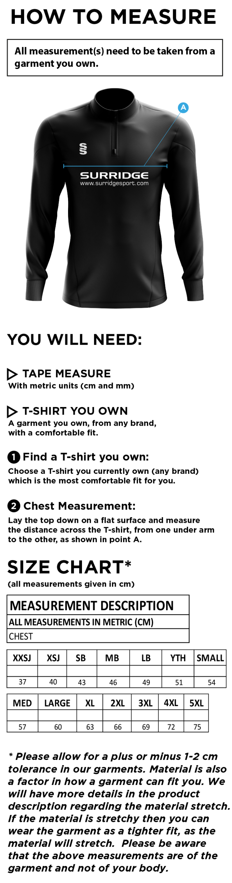 Cornwood CC - Blade Performance Top - Size Guide