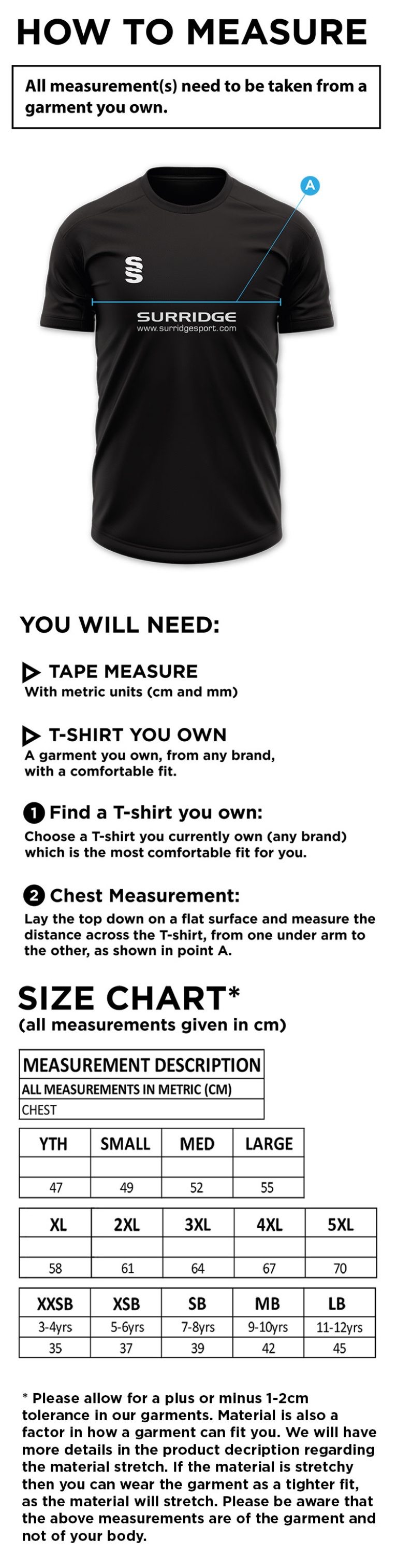 Cornwood CC - Blade Training Shirt - Size Guide